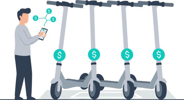 Minimalist Style Illustration of Scooter Sharing Service with Mobile App vector