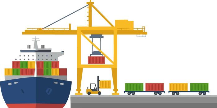Flat Design Cargo Ship Loading at Port with Crane Illustration vector