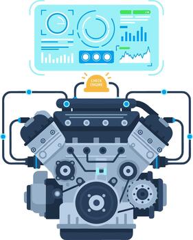 Flat Illustration Automobile Engine with Dashboard Diagnostic Information Concept vector