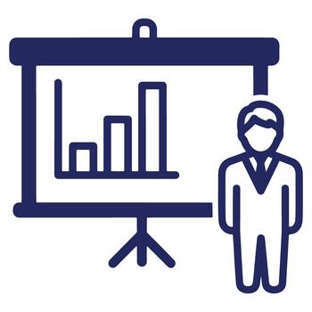 Business Presentation Icon Depicting Growth and Strategy with Professional Presenter Stand and Bar Graph Chart for Data Analysis and Market Projections vector