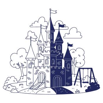 Fantasy Castle Illustration with Trees Clouds and a Swing Set in Cartoon Style Half Color Half Outline vector