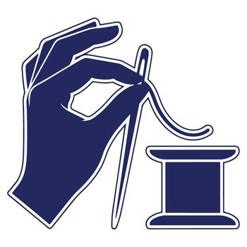 Hand threading a needle with spool of thread for sewing and mending clothes with deep blue design on white backdrop vector