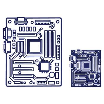Schematic Motherboard Design with Electronic Components and Circuitry Outline Depicting Computer Hardware Technology and Engineering vector
