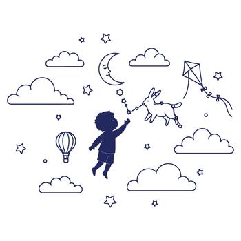 Boy Reaching for Constellation Rabbit in Night Sky with Moon Clouds and Kite Illustration vector