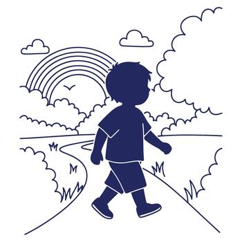 Childs Journey toward Rainbow and Clouds Walking on Winding Path in Beautiful Scenery vector