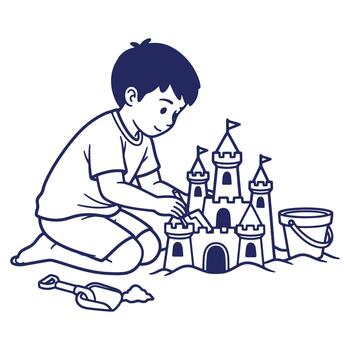 Illustration of a young boy building a sandcastle with flags and turrets using a shovel and bucket for summer fun vector