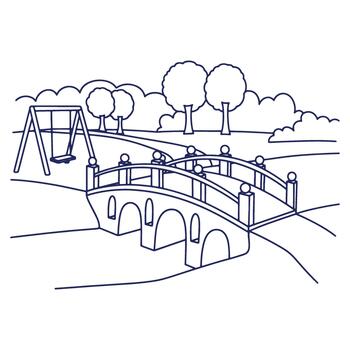 un encantador contorno dibujo de un parque escena con un puente arboles y un columpio conjunto atractivo un pacífico y juguetón ambiente vector
