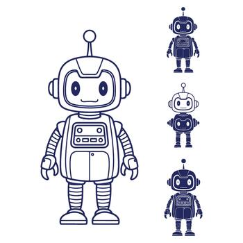 Cute cartoon robot outline and silhouette variations showcasing modern robotics and artificial intelligence for childrens illustrations and technological designs vector