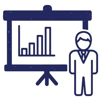 Business Presentation Doodle with Rising Bar Graph and Presenter Demonstrating Positive Growth and Success in a Simple Style vector