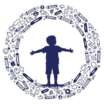 Silhouette of child with arms outstretched surrounded by crayons and playful doodles a symbol of creativity and imagination vector