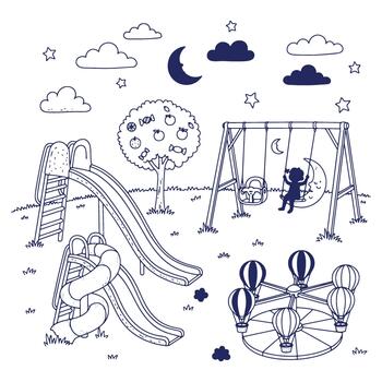 Whimsical Playground Scene with Swings Slides and a Merry Go Round under a Starry Sky vector