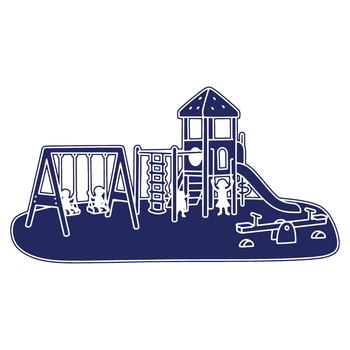 Playground icon design showing kids playing on swings slide and seesaw for use in educational or recreational materials vector