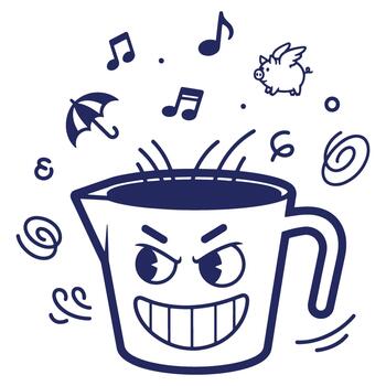 Mug with Angry Expression Surrounded by Whimsical Elements in a Quirky and Energetic Illustration Style vector