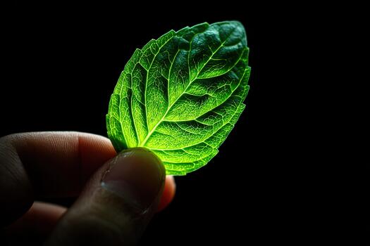 Macro close-up of fresh green basil leaf backlit by sunlight on dark background photo