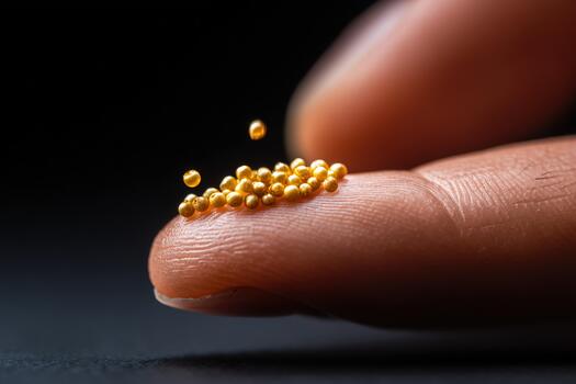 extremo macro de mostaza semillas en punta del dedo, detallado de cerca de minúsculo amarillo granos foto