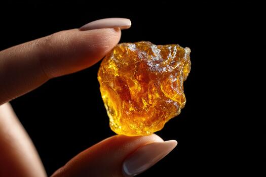 macro de cerca de dorado ámbar cristal retenida suavemente Entre dedos en negro antecedentes foto
