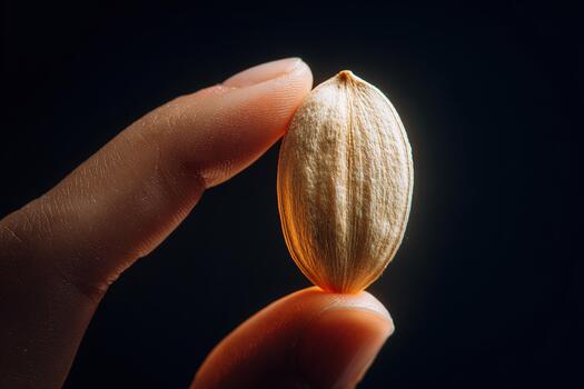macro Disparo de calabaza semilla con calentar ligero retenida Entre dedos foto