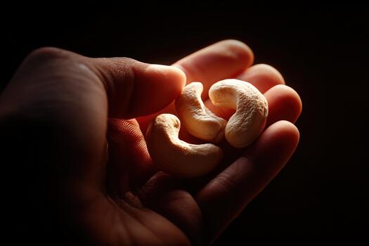 macro Disparo de Tres crudo anacardo nueces retenida suavemente en mano debajo calentar natural ligero foto