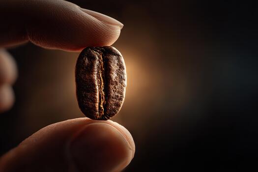 Macro close-up of a roasted coffee bean held vertically between fingers with soft lighting photo