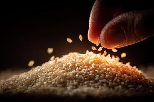 extremo macro de que cae sésamo semillas desde dedos en pila foto