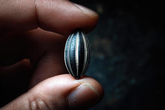 detallado macro Disparo de soltero girasol semilla retenida suavemente Entre yemas de los dedos foto