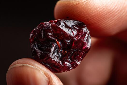 macro de cerca de soltero seco arándano retenida suavemente Entre yemas de los dedos foto