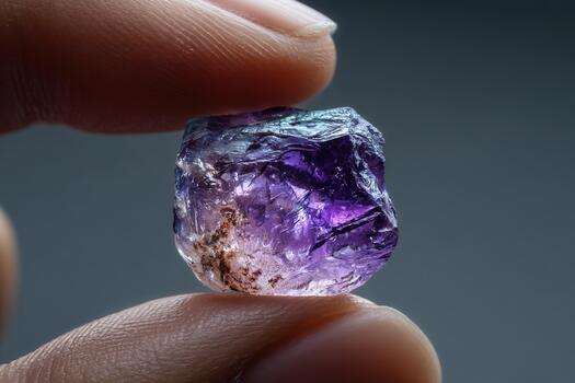 macro detalle de un crudo amatista cristal fragmento retenida Entre dedos con suave Encendiendo foto
