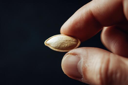 detallado macro de soltero calabaza semilla apretado Entre dedos en oscuro antecedentes foto