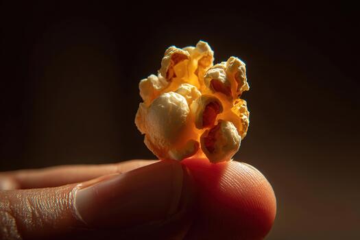 macro de cerca de soltero palomitas de maiz núcleo retenida Entre dedos con calentar ligero foto