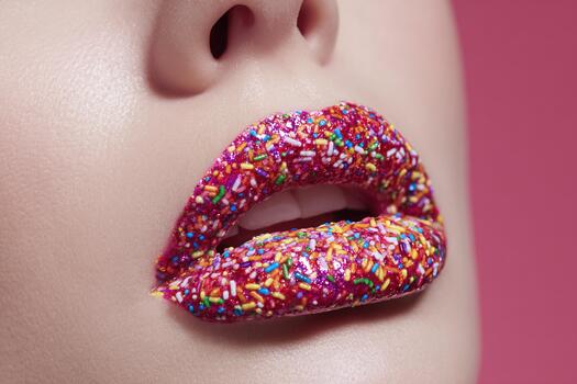 de cerca lustroso labios con vistoso caramelo asperja en rosado antecedentes foto