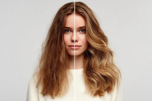 Before and after comparison showing dry and soft healthy wavy hair photo