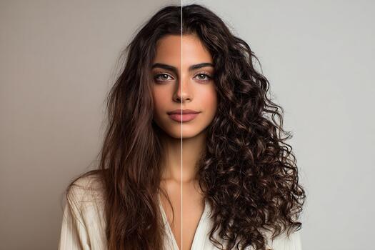 Split portrait showing transformation from dry wavy hair to defined healthy curls photo