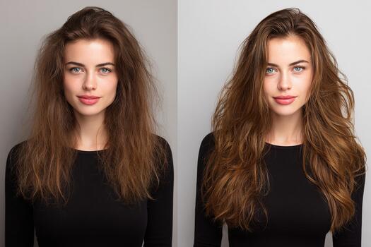 antes de y después transformación demostración un mujer con rizado seco pelo convertido dentro suave brillante voluminoso olas en un belleza estudio retrato foto