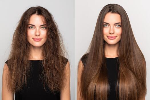antes de y después comparación de mujer con rizado y suave Derecho pelo en ligero antecedentes foto