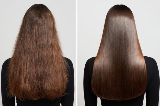 Before and after transformation of wavy frizzy hair becoming sleek smooth and shiny after treatment captured from the back photo