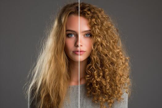 antes de y después retrato demostración rizado y definido Rizado pelo transformación foto