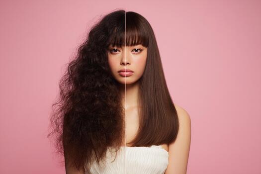 antes de y después concepto demostración Rizado y Derecho pelo transformación en rosado antecedentes foto