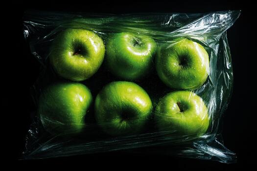 brillante verde manzanas envuelto en transparente el plastico con dramático Encendiendo en oscuro antecedentes foto
