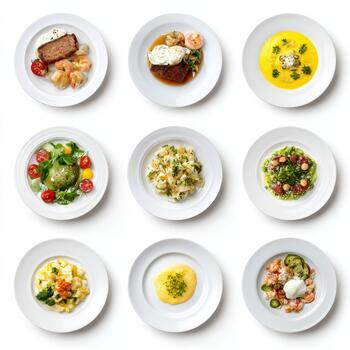 A series of white plates with different types of food photo