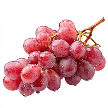 Clusters of fresh red grapes are damp with droplets, showcasing their vibrant color and freshness in soft natural light. photo