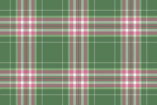 Classic tartan plaid pattern. A seamless, pixelated design in green, pink, and white. Textile texture, apparel, backdrop, or graphic element. Versatile for autumn and winter themes. vector