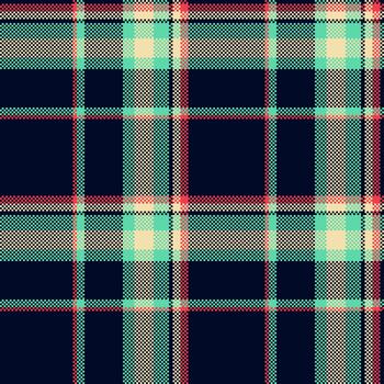 Retro pixel art pattern. A vibrant, detailed plaid design with a classic tartan vibe, perfect for backgrounds or textile mockups. Versatile for digital art or print projects. vector