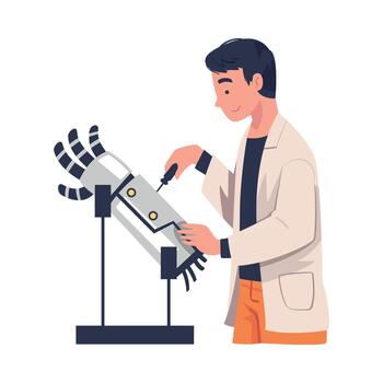 Man Scientist Character in White Coat Working with Robotic Hand Illustration vector