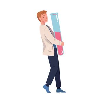 Man Scientist Character in White Coat Carrying Huge Glass Flask Illustration vector