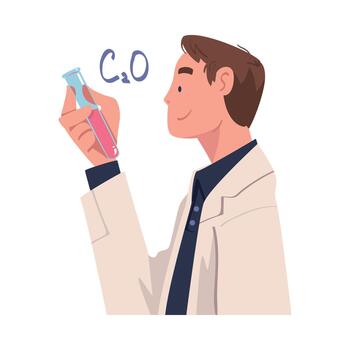Man Scientist Character in White Coat Holding Glass Flask and Smiling Illustration vector