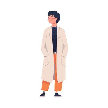 Man Scientist Character in White Coat Standing with Hands in Pocket Illustration vector