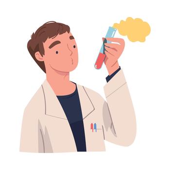 Man Scientist Character in White Coat Holding Glass Flask Illustration vector