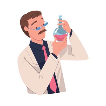 Man Scientist Character in White Coat Standing with Glass Flask Illustration vector