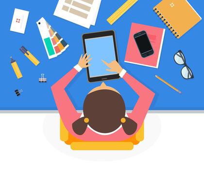 espacio de trabajo con niña utilizando tableta ordenador personal con objetos descansado en escritorio parte superior ver de mesa ilustración vector