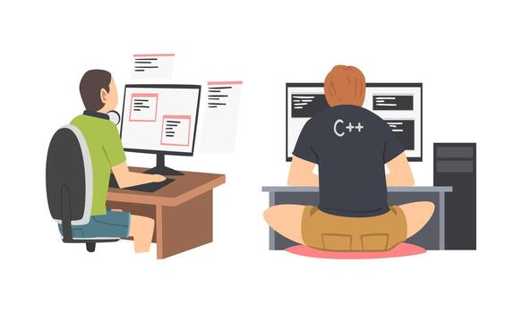 Programmers working on computers set. View from behind of men writing computer software cartoon illustration vector